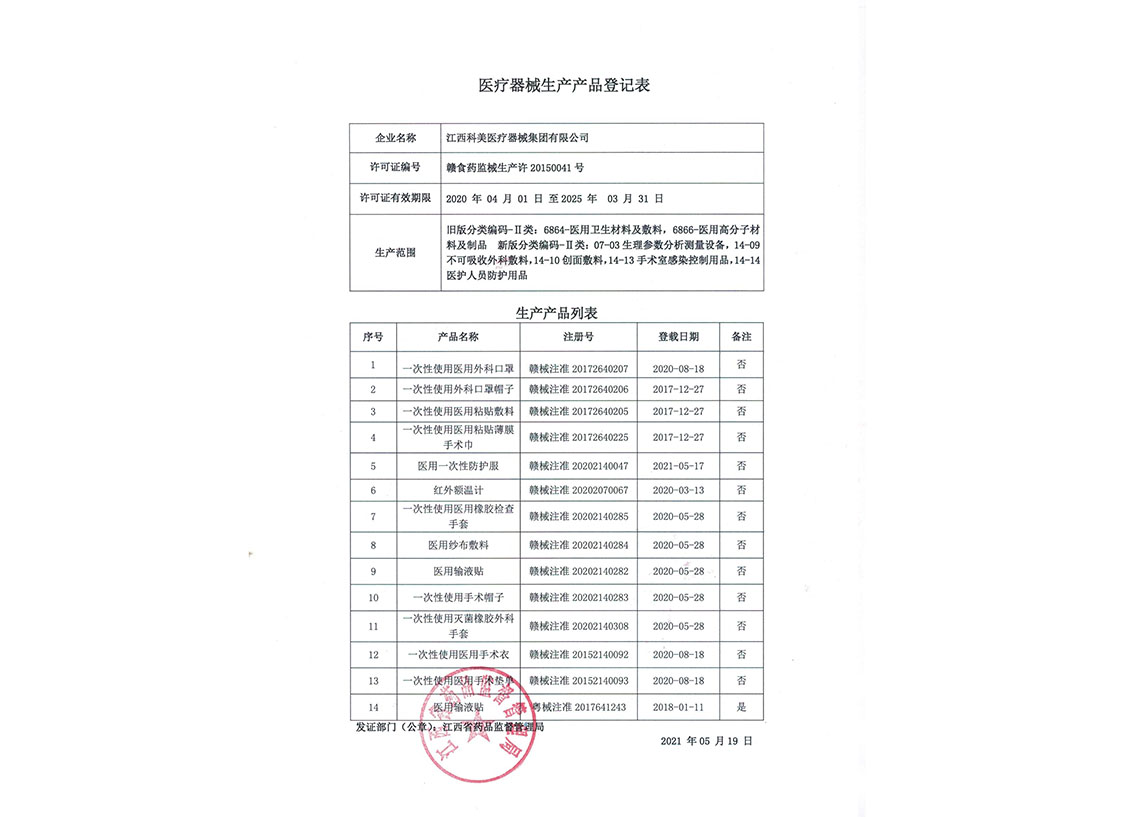 医疗器械生产产品登记表